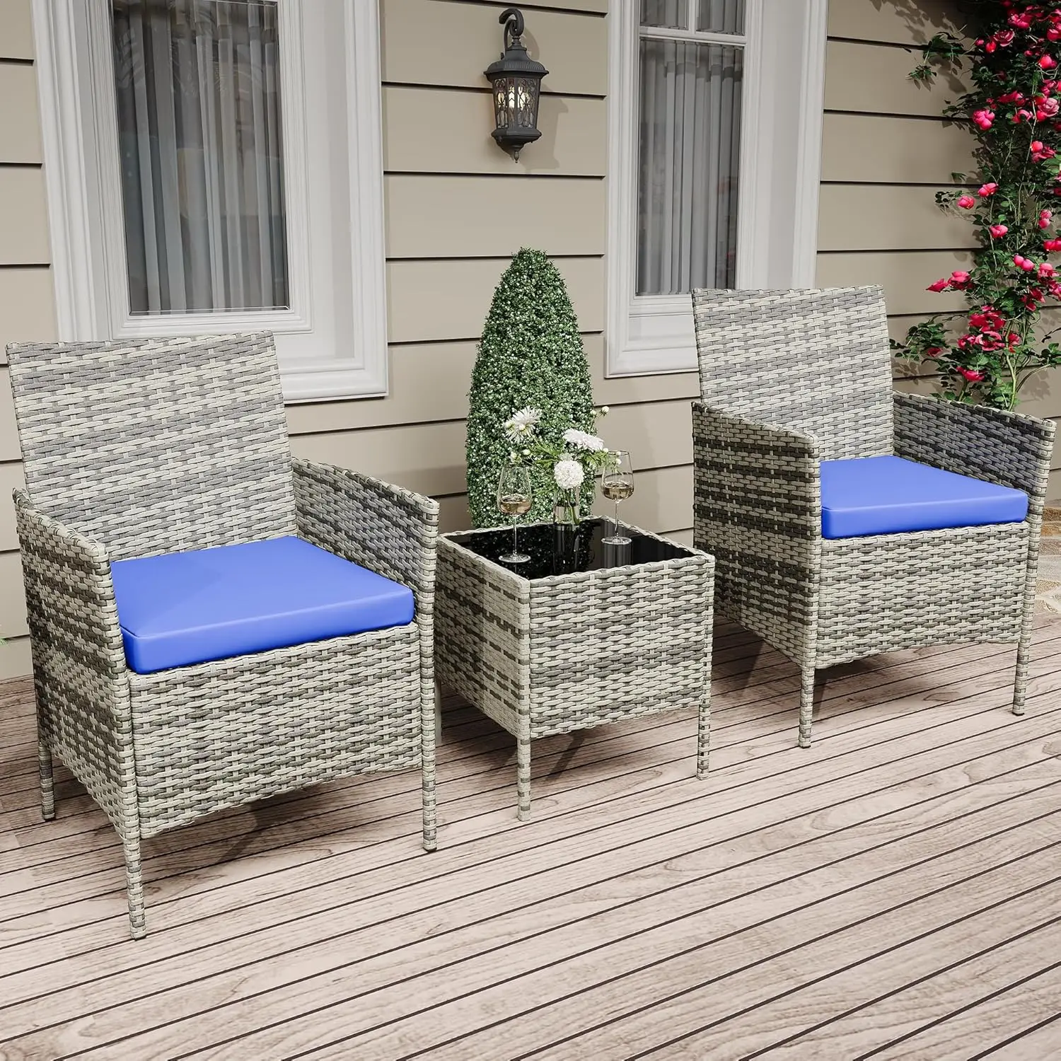 3-teiliges Bistro-Set für Terrasse und Garten, Gartenmöbel-Set aus PE-Rattan mit 2 Stühlen und Couchtisch mit Glasplatte, kleines Sitzgruppen-Set mit Kissen für Balkon, Terrasse und Garten Image