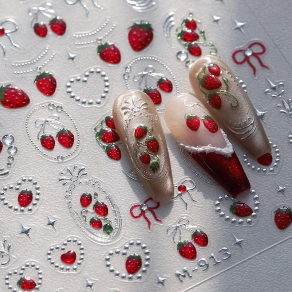 Neue Erdbeere Kirsche Süße Früchte 5D Nagel Aufkleber DIY Selbstklebende Maniküre Aufkleber Bowknot Dekorationen Nail art Aufkleber Image