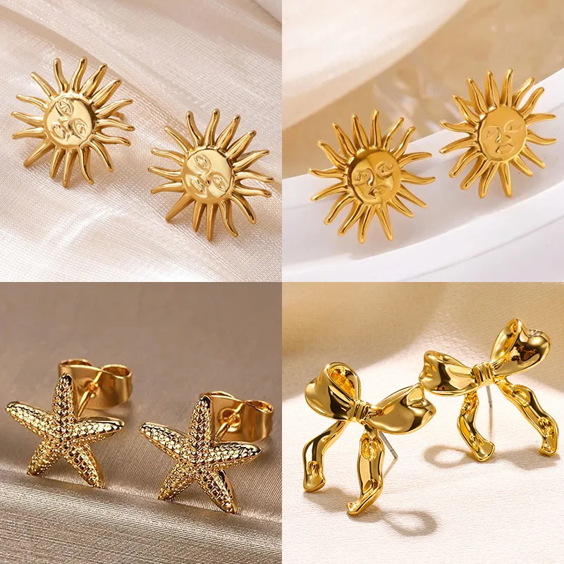 Punk Edelstahl Sonne Ohrringe Für Frauen Vergoldet Geometrische Sonne Gesicht Ohrring Hochzeit Ästhetischen Wasserdicht Schmuck Geschenk Image