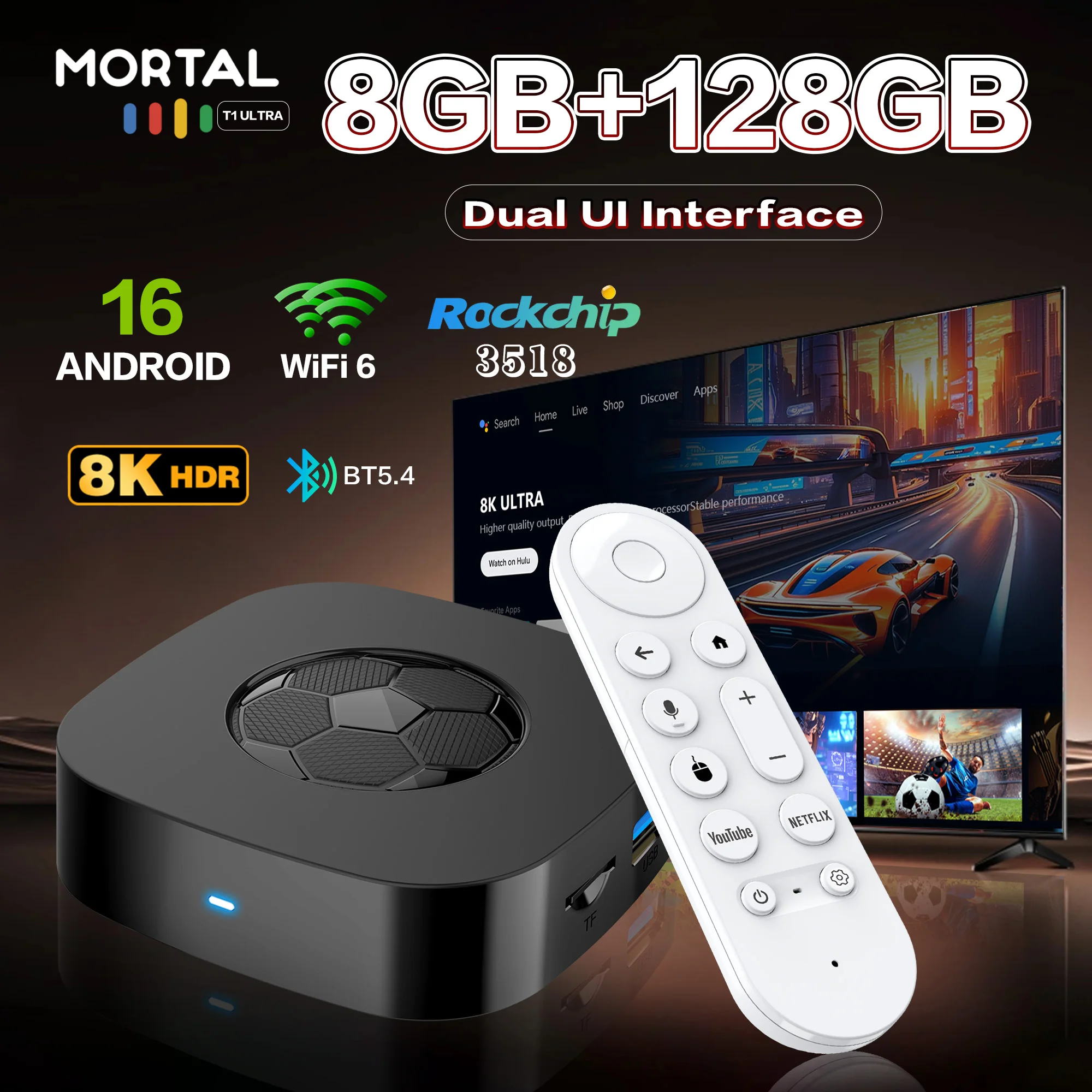 2026 Neuer T1 Ultra TV-Box mit Dual-UI-Schnittstelle, 8K Ultra HD, Android 16, 8GB 128GB, WIFI 6, Assistent, Smart Streaming Media Player Image