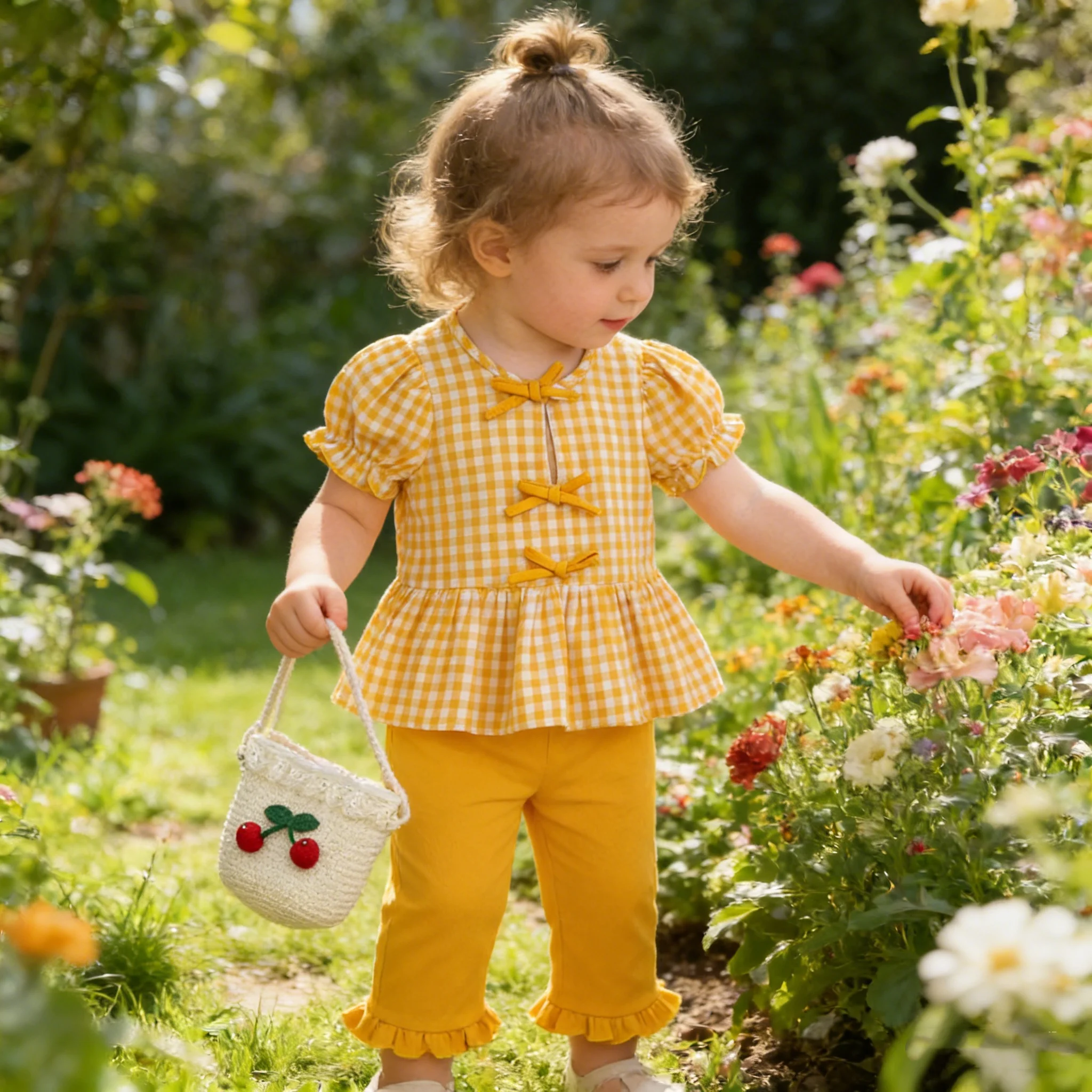 Sommer-Neugeborenen-Mädchen-Outfit in Gelb mit Karomuster und Schleife, Baby-Bekleidungsset, Modischer Sommer-Look für Kleinkinder Image