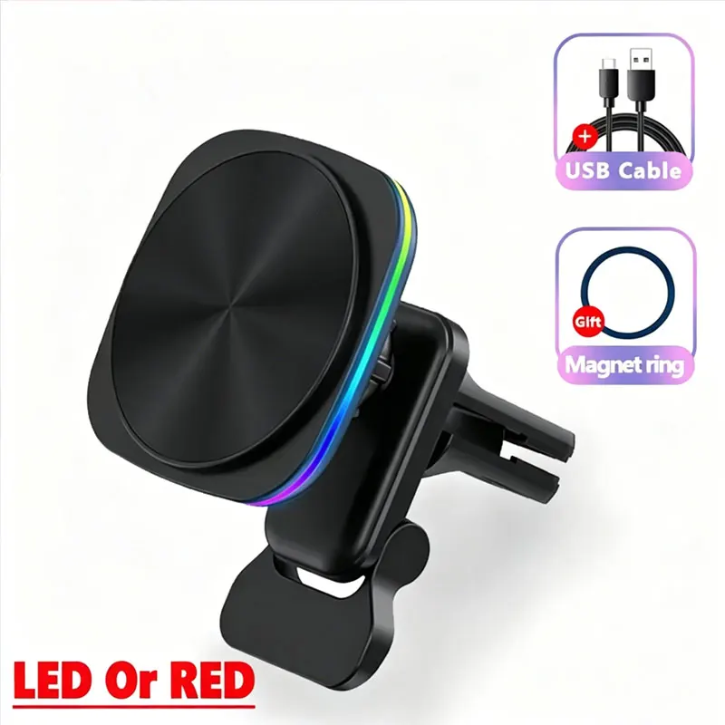 RGB LED Magnetisches Kabelloses Ladegerät Auto-Handyhalterung Ständer Autohalterung für iPhone 16 15 14 13 12 Pro Max Auto-Schnellladestation Image