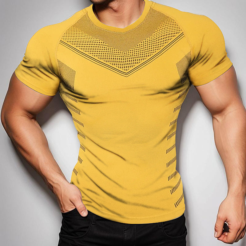 Men's T Shirt Gym Shirt Fitness Tops Crew Neck Short Sleeve Sport Casual Daily Gym Quick dry Breathable Soft Color Block Black Yellow Activewear Polyester Fashion Basic