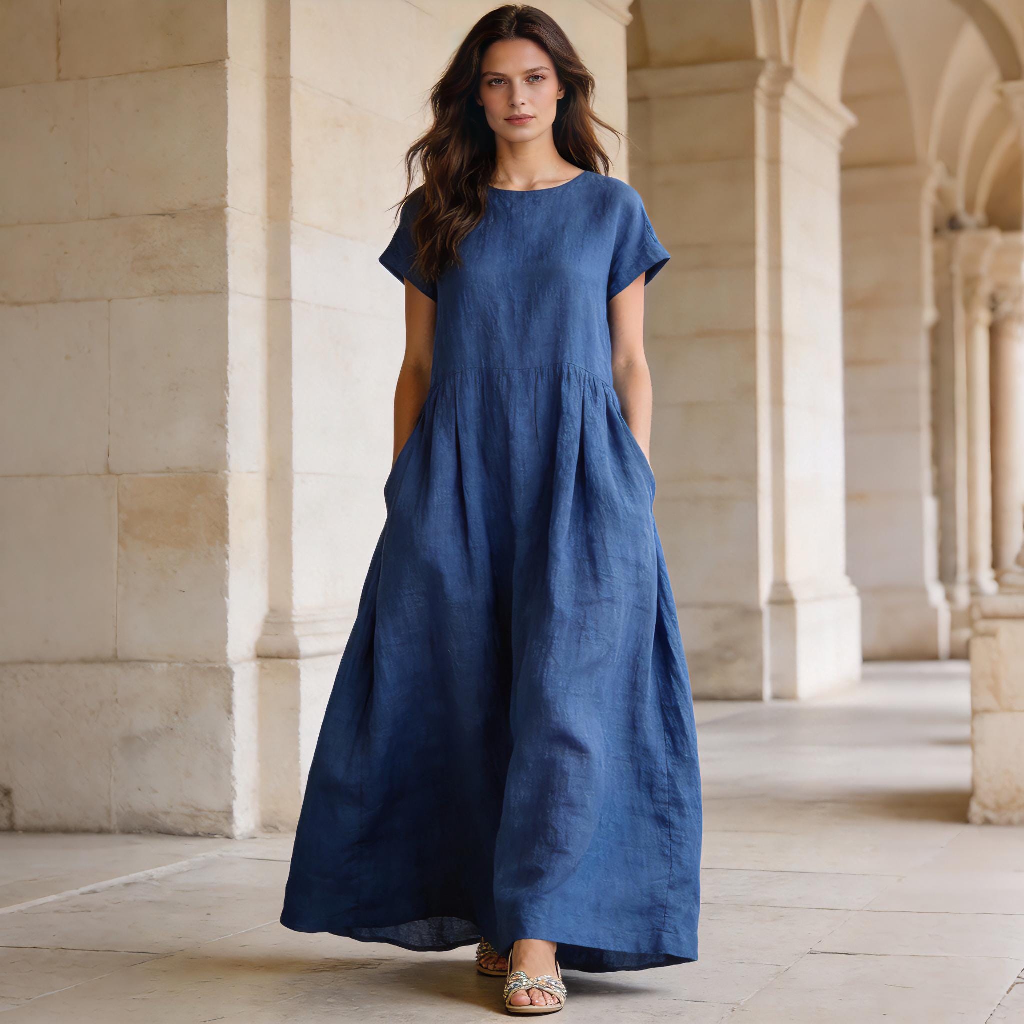 Abito 100% lino, abito lungo da donna - Abito ampio in lino con tasche, abito oversize minimalista, abito lungo estivo casual