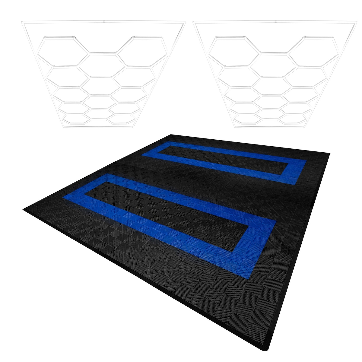 Belüftete Garagenbodenfliesen und sechseckige LED-Leuchten x 165 Schwarz 60 Blau mit Kanten Image