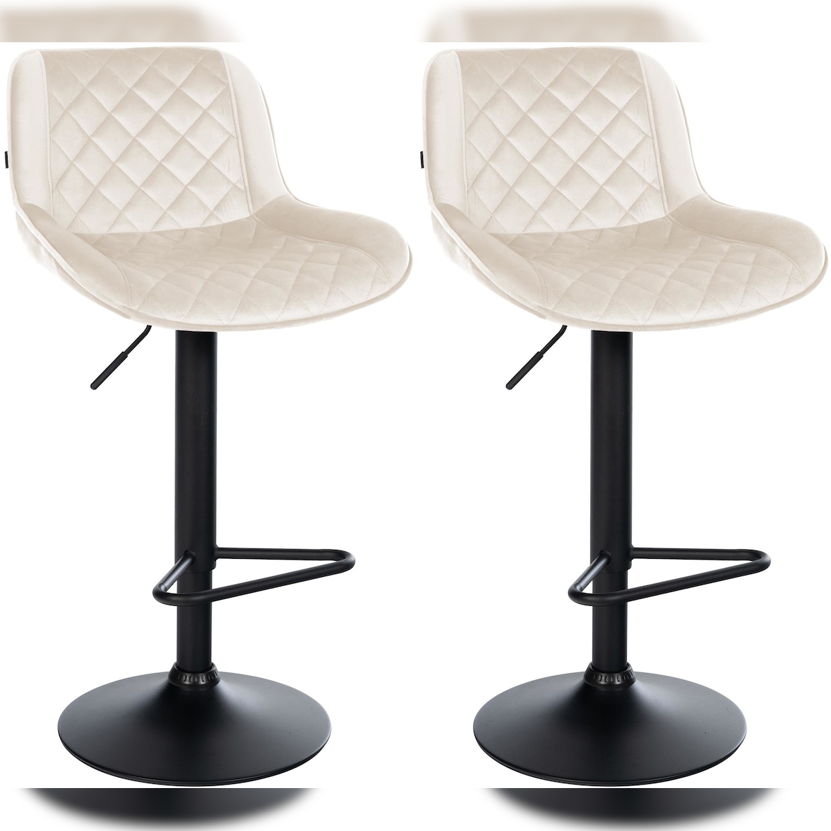 Décoshop26 - Set aus 2 Barhockern mit Fußstützen höhenverstellbar cremefarbener Samtbezug mit Rautensteppung schwarzes 10_0005979 Image