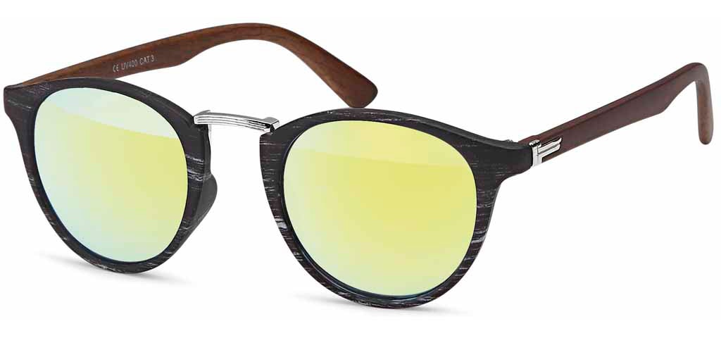 Sonnenbrille STYLEBREAKER "Panto Sonnenbrille Holzoptik Runde Retro Brille UV400", Damen, gelb (gestell schwarz, silber, glas gelb verspiegelt), Modisch, Sonnenbrillen Sonnenbrille