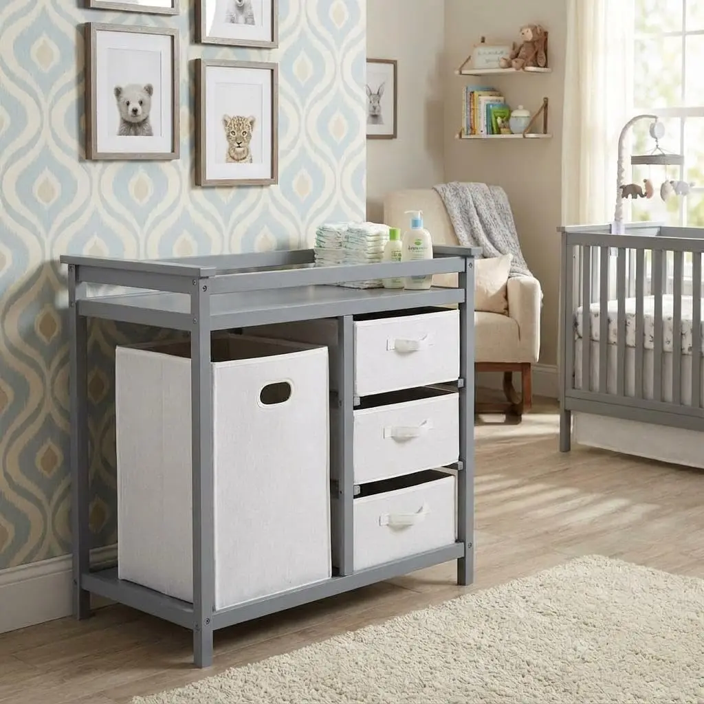 Holz-Wickeltisch, Moderner Wickeltisch mit Wäschekorb, Wickelkommode mit 3 Schubladen und Wickelauflage für Babys und Neugeborene