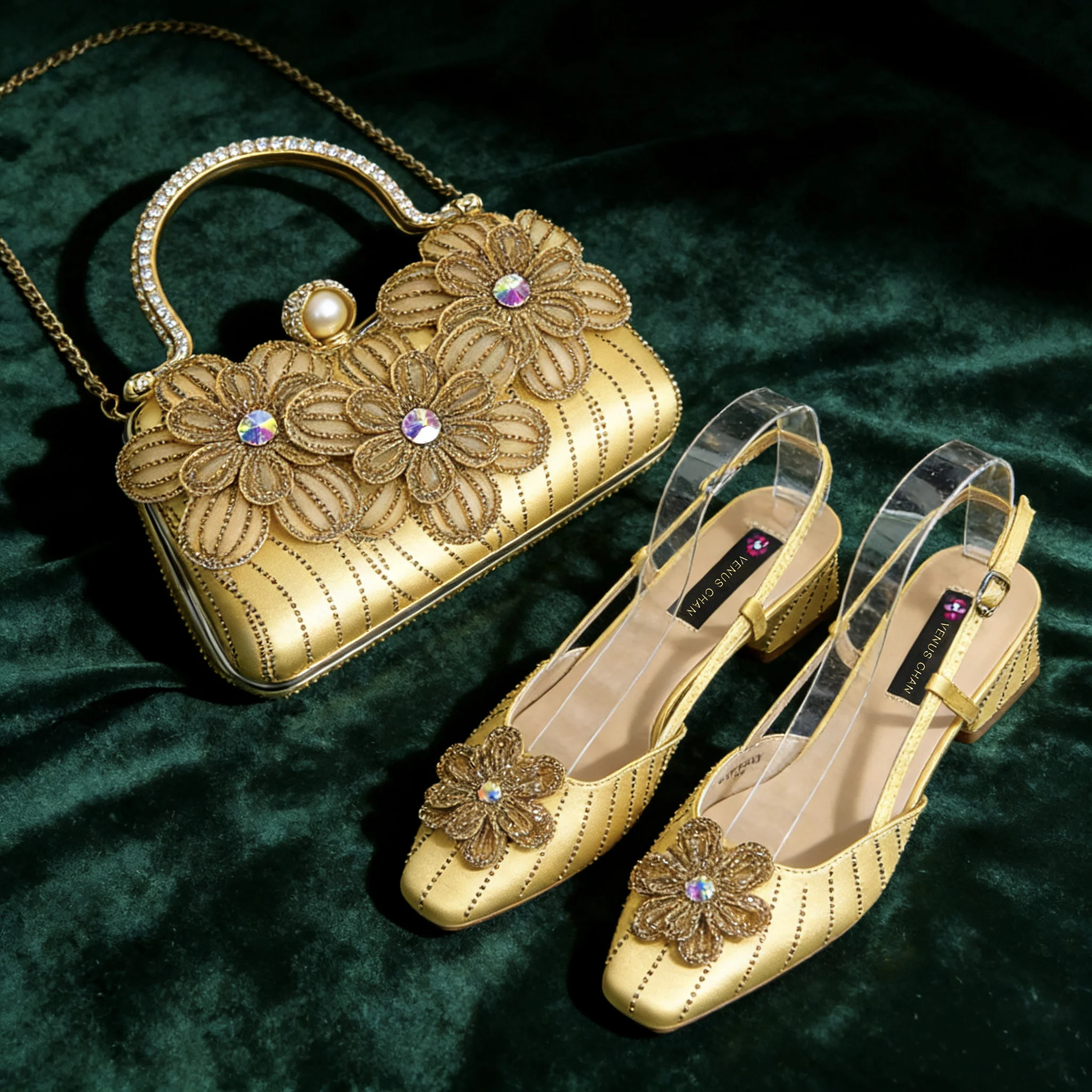 Party-Schuhe und -Tasche für Damen, elegante Hochzeitsschuhe und -tasche mit Blumenverzierung, vollständig mit Strass besetzte modische Handtasche