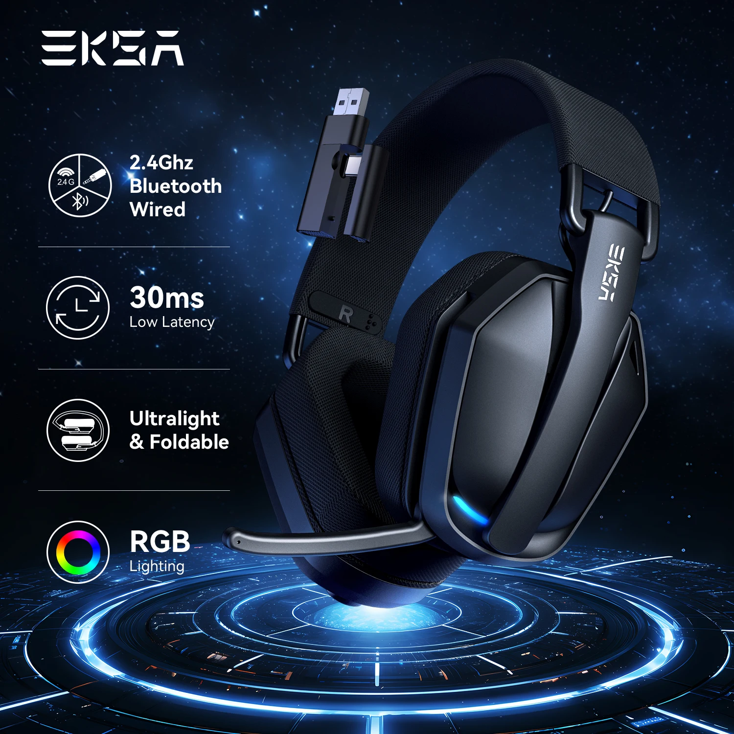 EKSA G19BT 2,4 GHz kabellose Gaming-Kopfhörer, ultraleichtes Bluetooth 5.4-Headset für Gamer mit Mikrofon für PC/PS5/Xbox