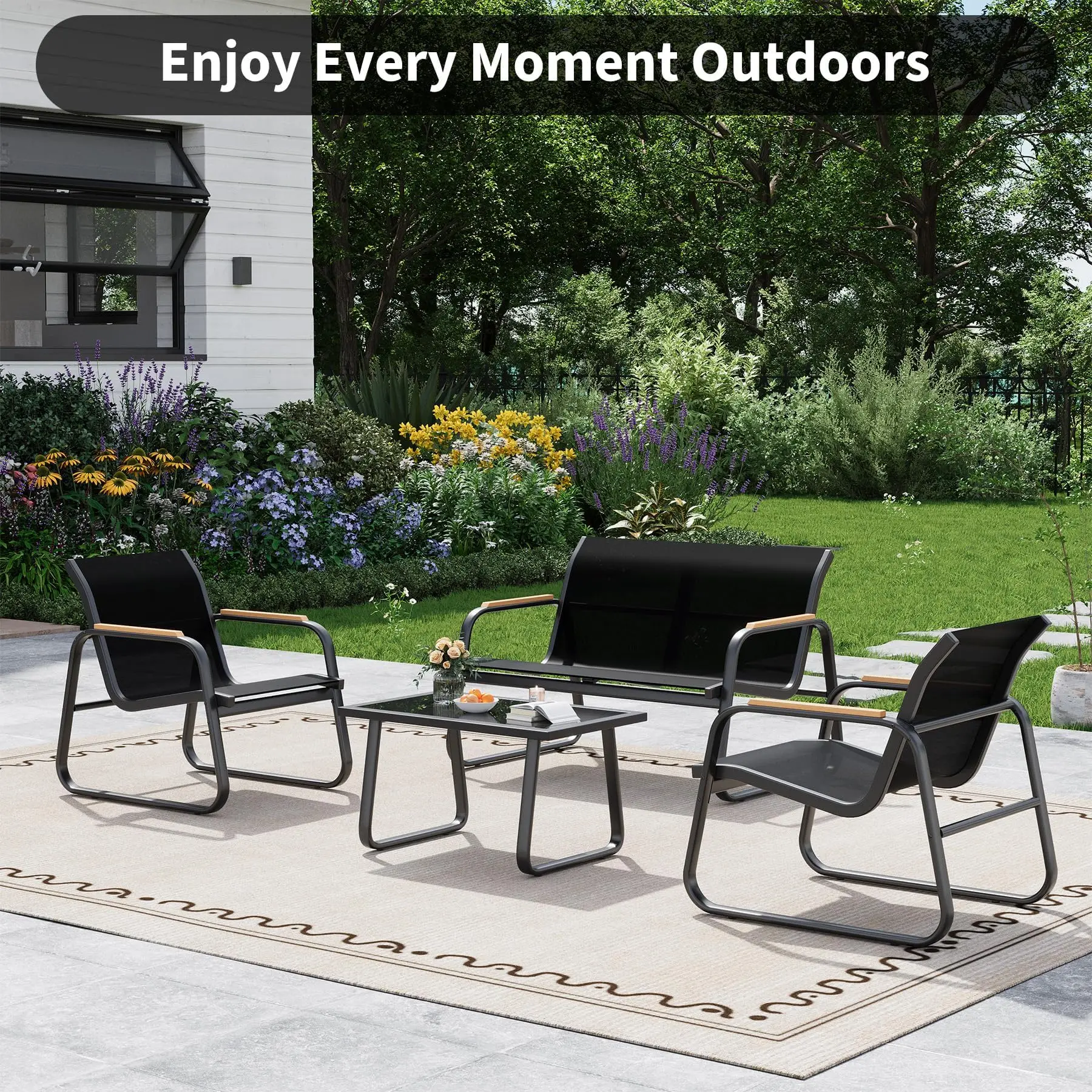 4-teiliges elegantes Terrassenmöbel-Set, 2-Sitzer-Sofa, 2 Sessel, Couchtisch aus Glas, wetterfest aus Metall und Textilene