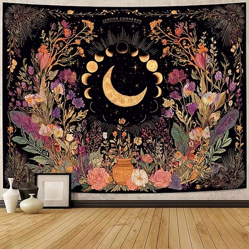 Wandteppich mit floralem Halbmondmotiv, himmlischer, botanischer Schmetterlings-Sternennacht-Wandbehang für Schlafzimmer und Wohnzimmer im Boho-Stil Image
