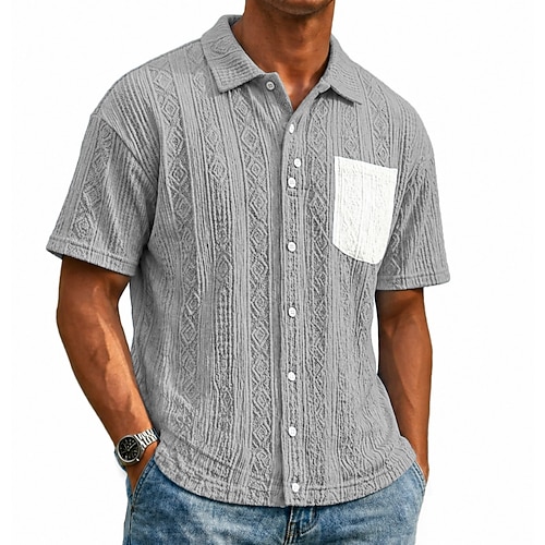 Herren Hemd Freizeithemd Knopfhemd Jacquard-Hemd Schwarz Hellgrün Marineblau Grau Leicht Blau Kurzarm Einfach Hemdkragen Lässig Täglich Fronttasche Bekleidung Elegant Mode Lässig Image