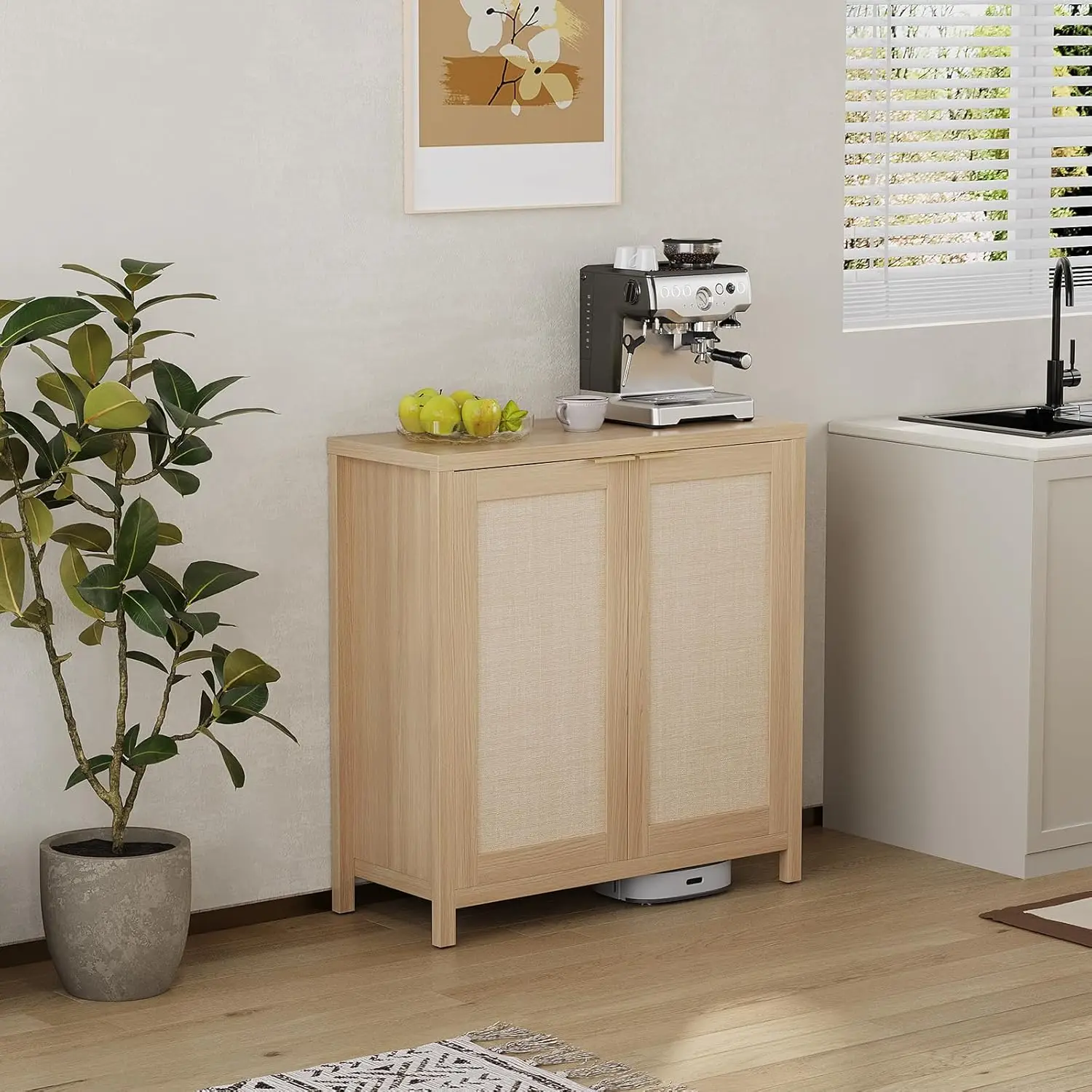87 cm Rattan-Sideboard Buffetschrank: 2-Türiger Eingangsbereich-Aufbewahrungsschrank mit Verstellbaren Regalen für Wohnzimmer, Küche & Kaffeebar
