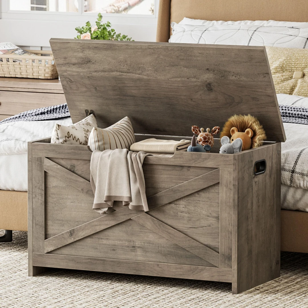 GarveeHome Moderne Farmhaus Holz-Aufbewahrungs-Truhe mit Sitzbank – 30 Zoll große Organizer-Kommode für den Eingangsbereich mit Sicherheits-Scharnier – Schlafzimmer, Wohnzimmer, Spielzeugkiste –