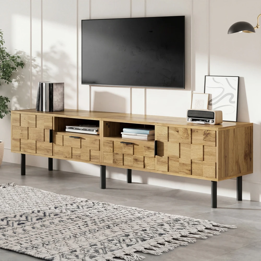 Moderner Wohnzimmer-TV-Schrank, TV-Lowboard, TV-Ständer mit 2 Türen & 2 Schubladen, Holzoptik, Metallfüße, 2 offene Fächer