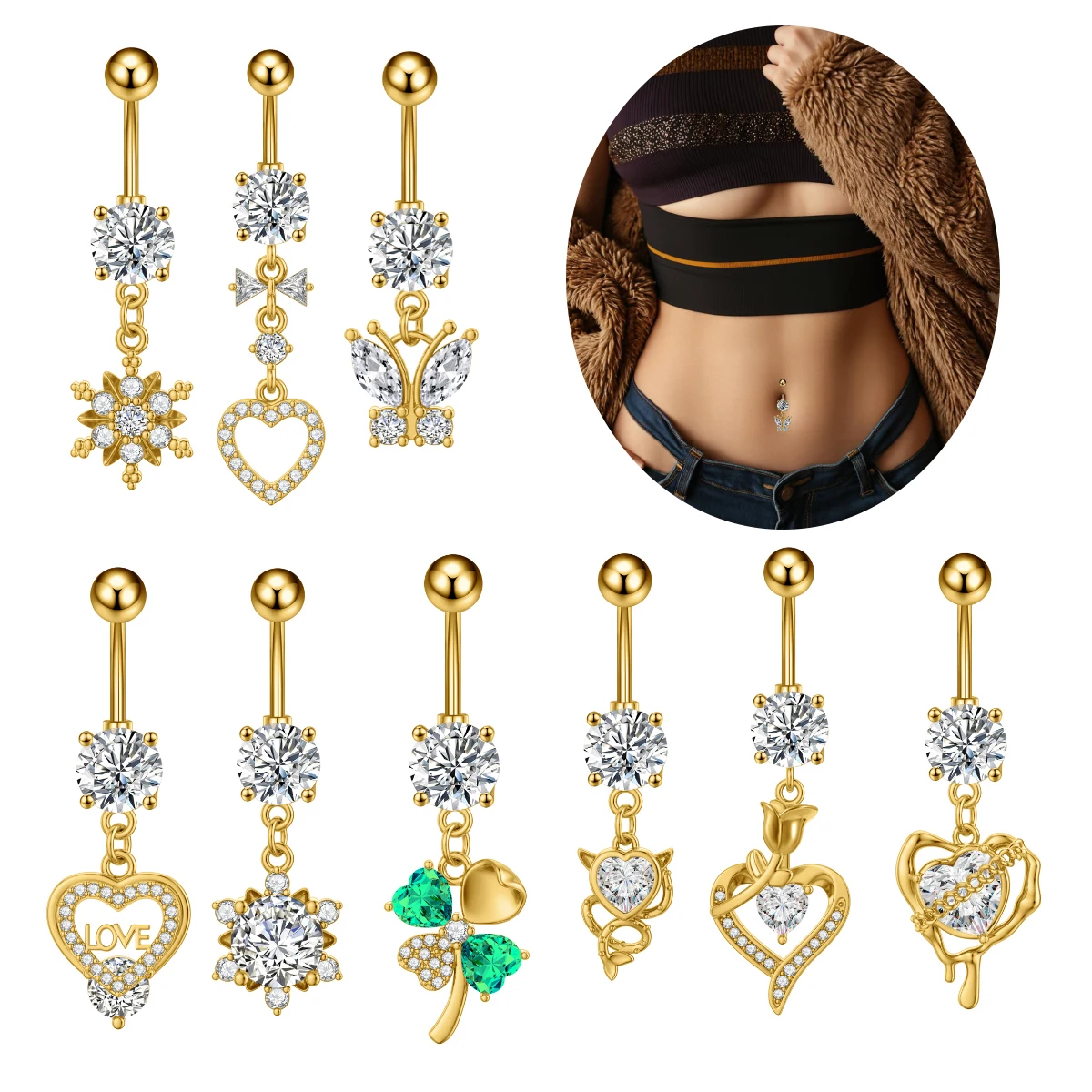 1 Stück Langer baumelnder Bauchnabelpiercing-Ring mit Herz-Schmetterlings-Kristall, geschwungener Anhänger-Schmuck für Frauen und Mädchen Image