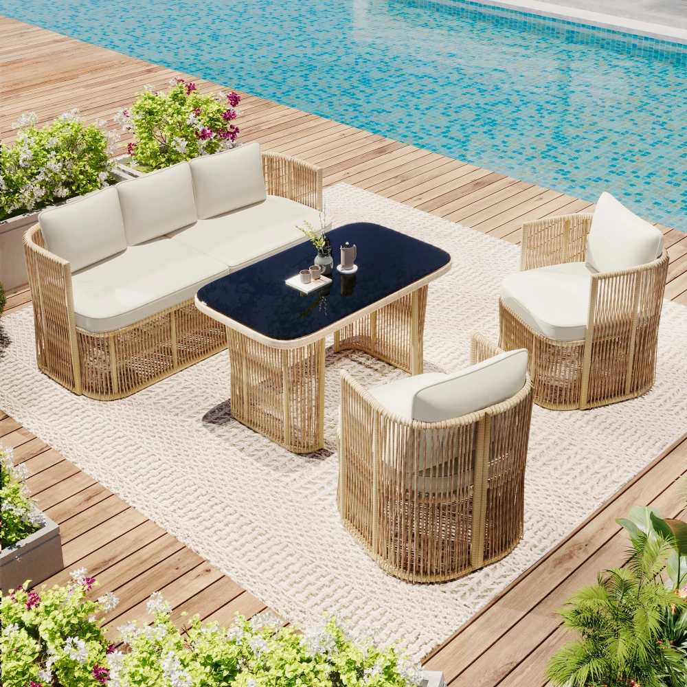 4-teiliges Gartenmöbel-Set aus PE-Rattan, mit Sofa, 2 Sesseln und Glastisch, mit Kissen, Stahlrahmen und gehärteter Glasplatte