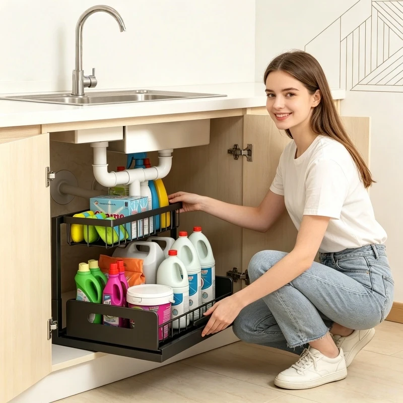 Platzsparender Küchenorganizer 2-stufiger Ausziehbarer Unterschrank-Organizer Rostfreier Metall-Aufbewahrungsbehälter für Küchen- und Badezimmerschränke