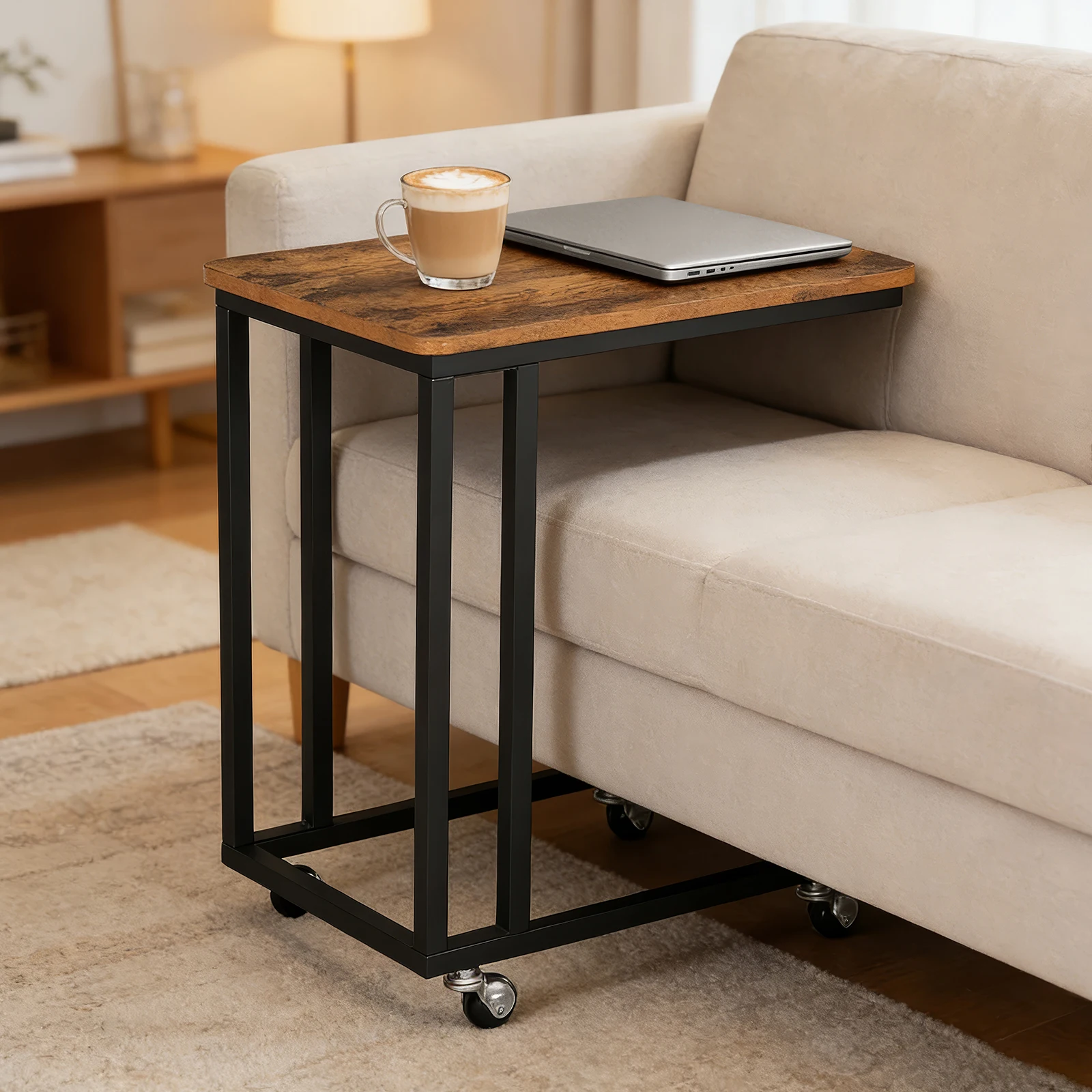 Sofa-Beistelltisch mit Rollen Kleiner C-förmiger Mobiler Kaffeetisch Metallrahmen für Wohnzimmer Schlafzimmer Laptop TV-Tablett Vintage