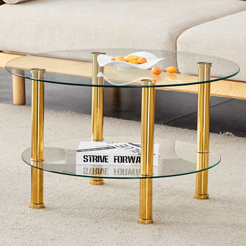 Moderner 2-stufiger Glas-Couchtisch mit goldenen Metallbeinen, robust, geräumig, minimalistisch, luxuriöses Wohnzimmermöbel