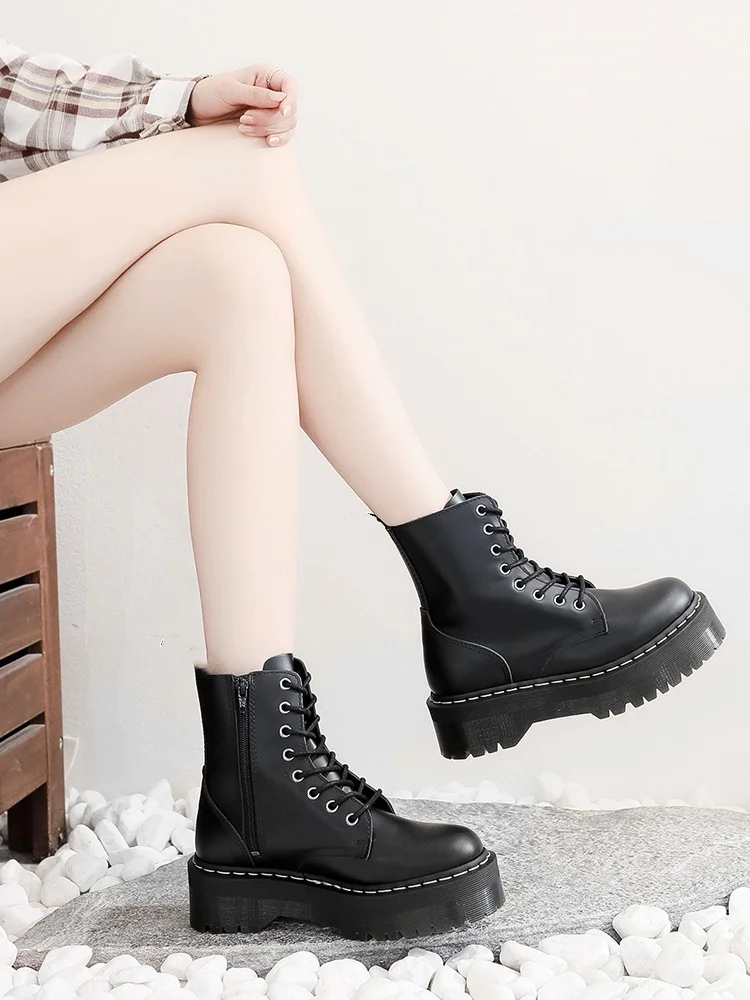 Echtleder-Plateaustiefel für Damen, große Größen 35-45, schwarze Leder-Knöchelstiefel, Punk-Schuhe, Motorradstiefel mit dickem Boden