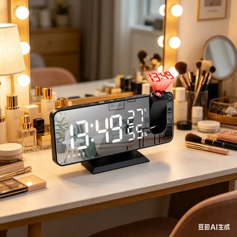 LED Digitaler Radiowecker mit Projektion, Intelligenter Desktop-Wecker, USB-Wecker mit 180° Projektion ° Zeitprojektor mit Schlummerfunktion Image