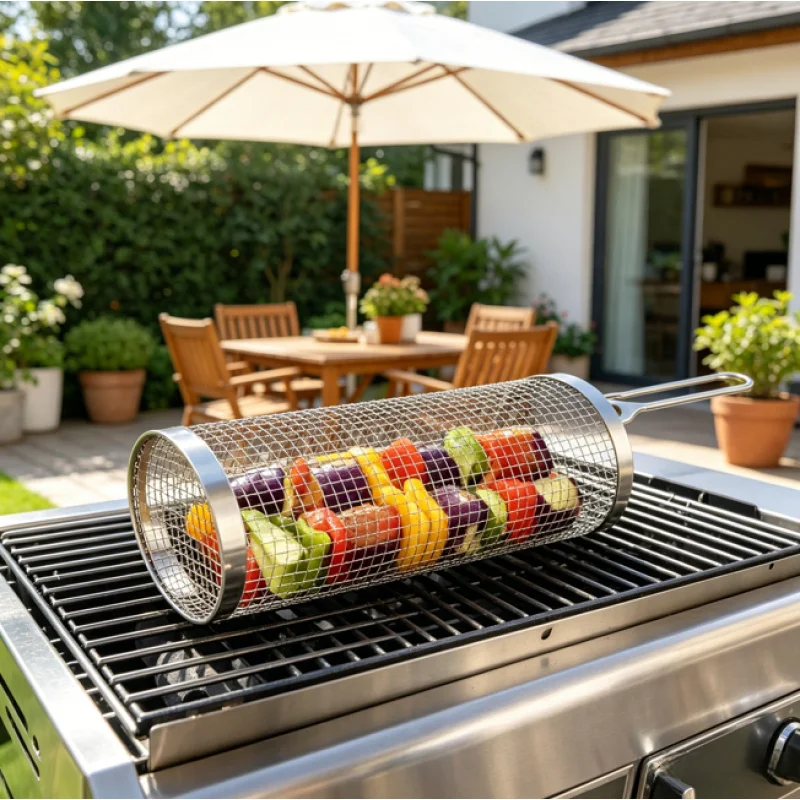 Rollbarer Zylinder-Grillkorb, Tragbarer Grillkäfig, Outdoor-Camping-Grillzubehör für Picknick und Garten Image