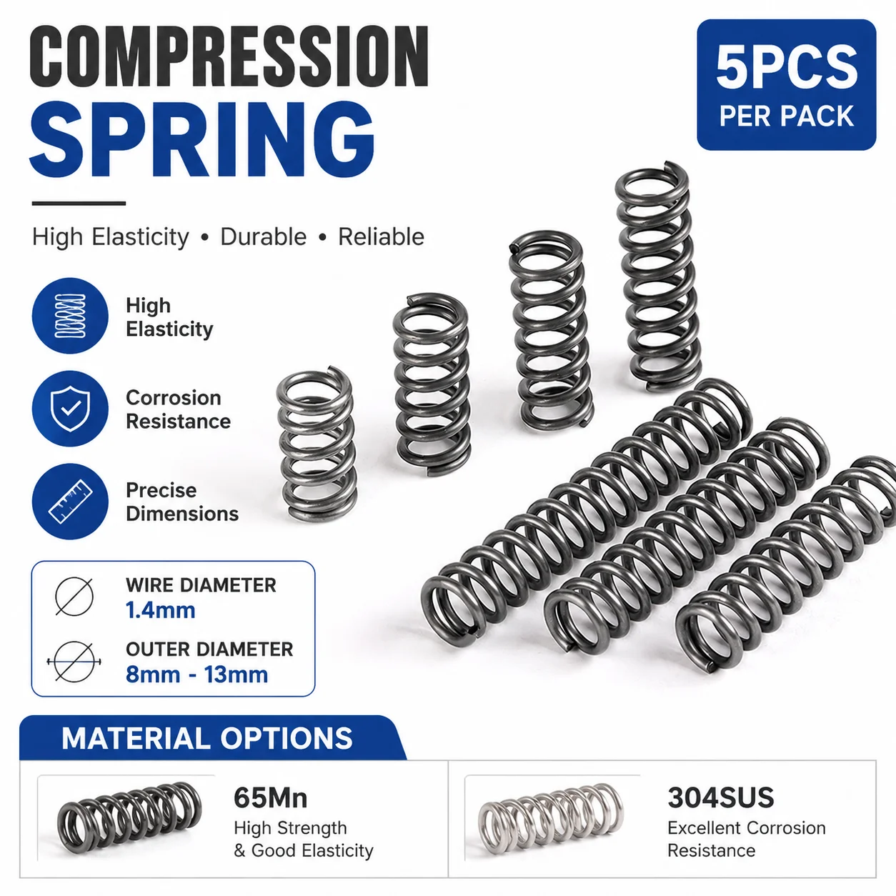 Ressort de rappel à pression 304SUS/65MN, accessoires de quincaillerie, WD 1,4 mm, OD 8-13 mm, longueur 10-100 mm, ressort pour petit électroménager