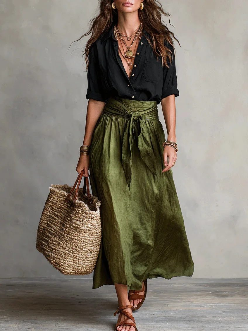 Completo casual da donna in due pezzi, camicia a maniche lunghe con bottoni e gonna lunga a vita alta con laccio, ideale per l'abbigliamento quotidiano e le vacanze.