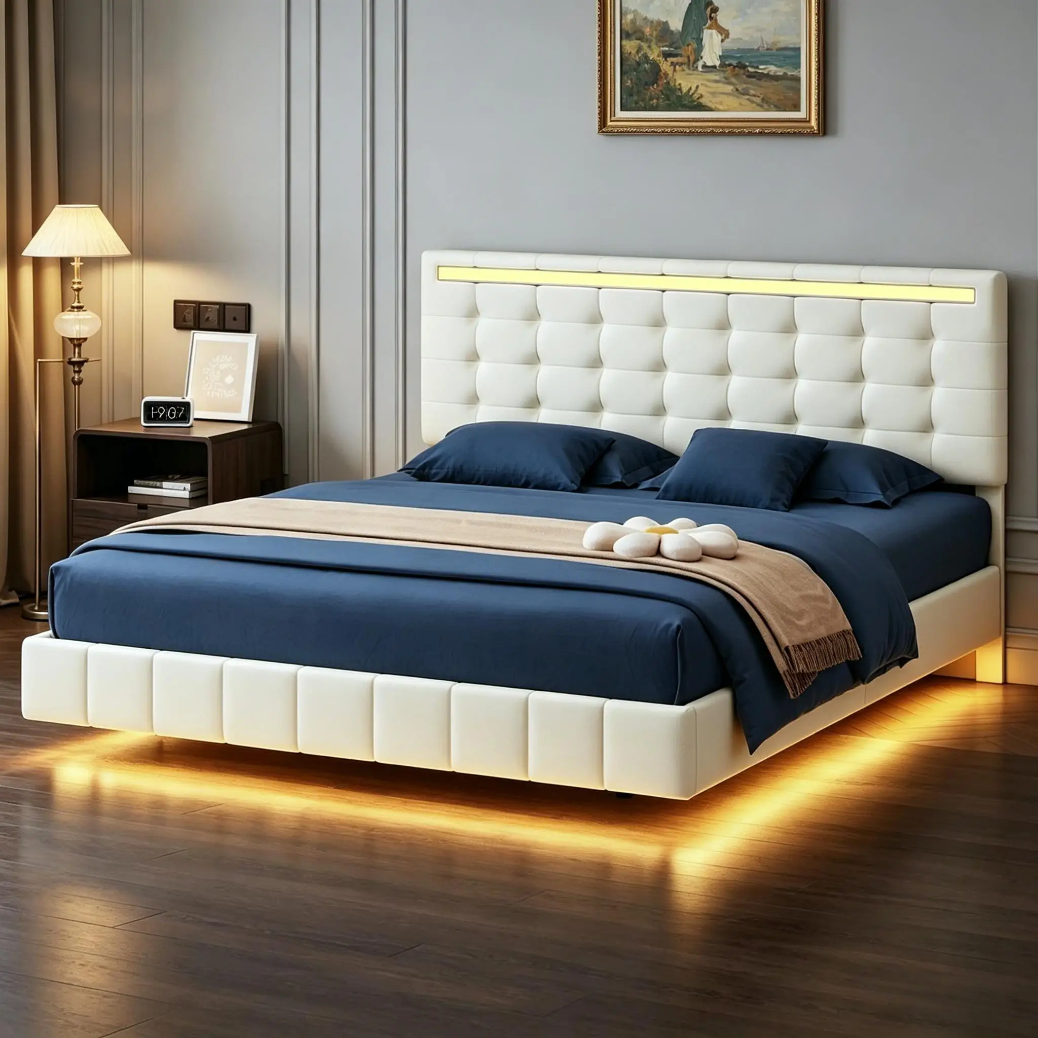 Modernisiertes Bett 160x200 cm mit LED-Beleuchtung und 2 USB-Anschlüssen, Bett für 2 Personen, schwebendes Bett mit verstellbarem Kopfteil, Bett mit Lattenrost, Flachs, Beige/Grau Image