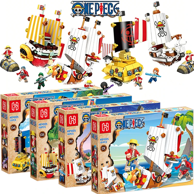 One Piece Thousand Sunny Going Merry Micro-Bausteine 4-in-1 Bauklötze Modell Spielzeug Ornament Piratenschiff Figuren Bausätze Geschenke Image