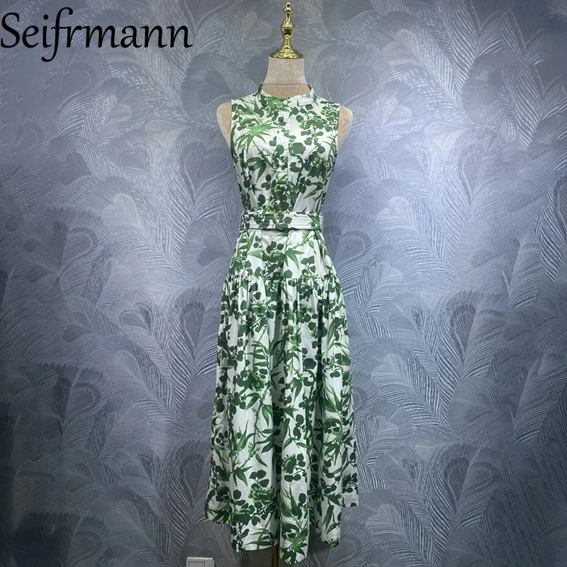 Seifrmann 2026 Sommer Damen Neues Modisches Ärmelloses Baumwollkleid mit Rundhalsausschnitt, Bedruckt und Taillengürtel Image