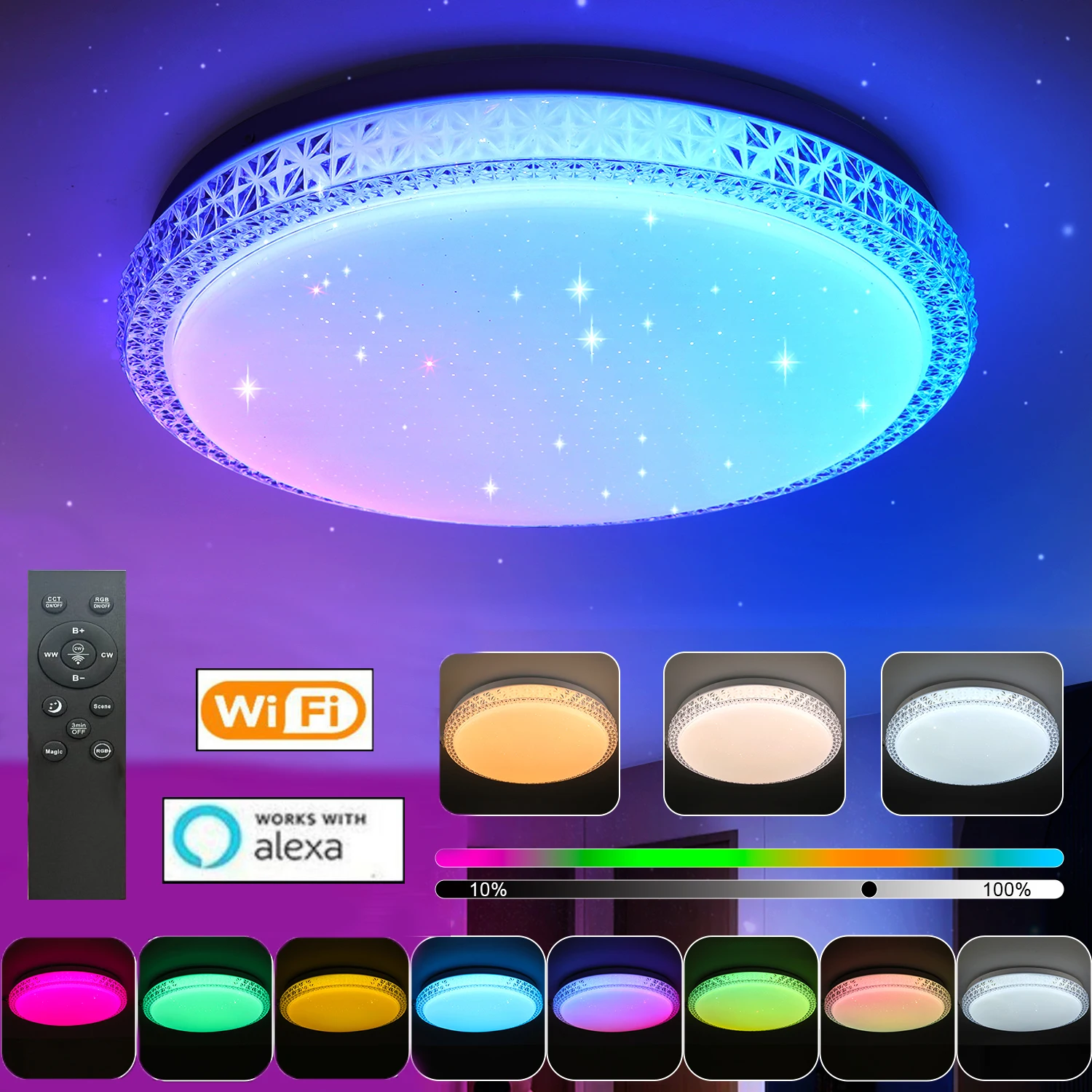 36W WLAN LED-Deckenleuchte, RGB Kristall-Deckenleuchte mit Sternenhimmel, Dimmbar mit Fernbedienung oder App-Steuerung