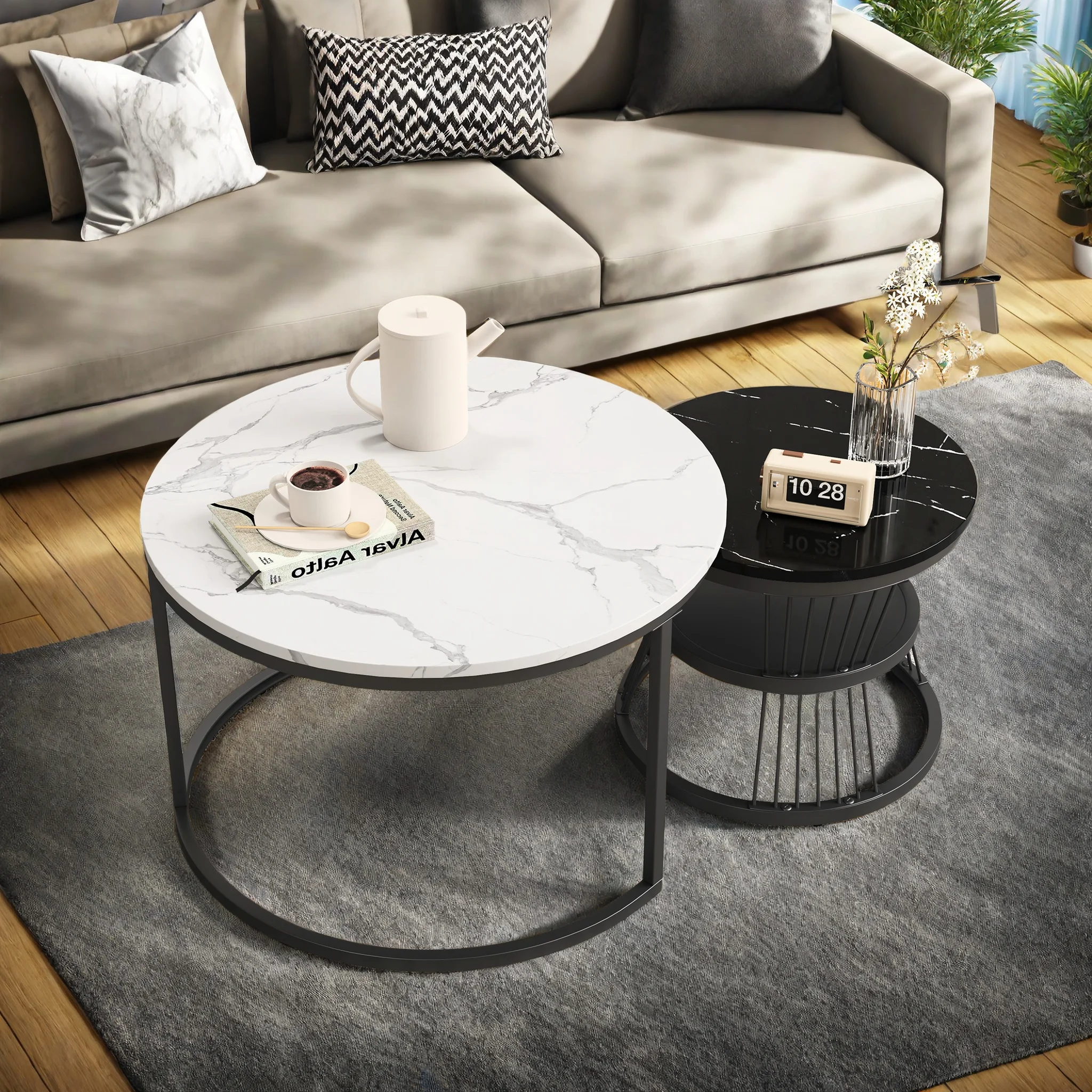 ROSAHQNDA 2-teiliges Set Beistelltische, moderne runde Couchtische mit Stauraum, Sofa-Beistelltische, Wohnzimmermöbel, Metallgestell