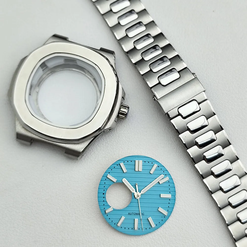Hochwertiges neues 43,7-mm-Uhrengehäuse aus Metall, passend für NH35/38-Uhrwerk, Saphir-Uhrengehäuse, 5 Bar, Uhrenteile, Zubehör, Armband, Zifferblatt, grün Image