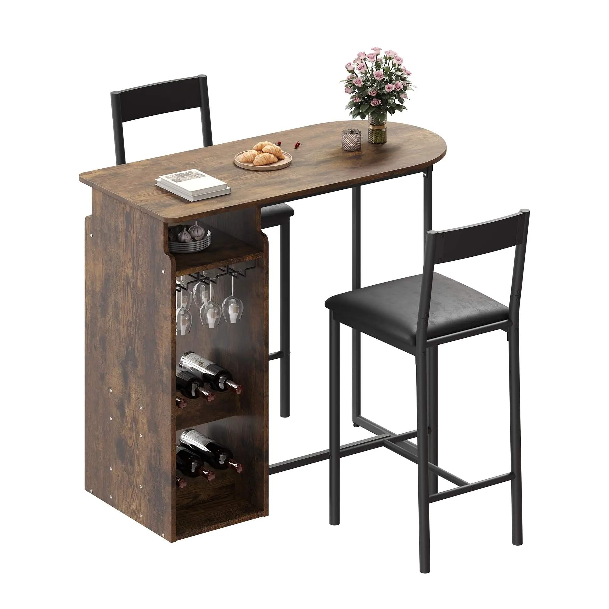 Vintage-Bartisch-Set für 2 Personen, bestehend aus einem Esstisch und zwei gepolsterten Stühlen, dreistöckigem Teetisch mit Wein