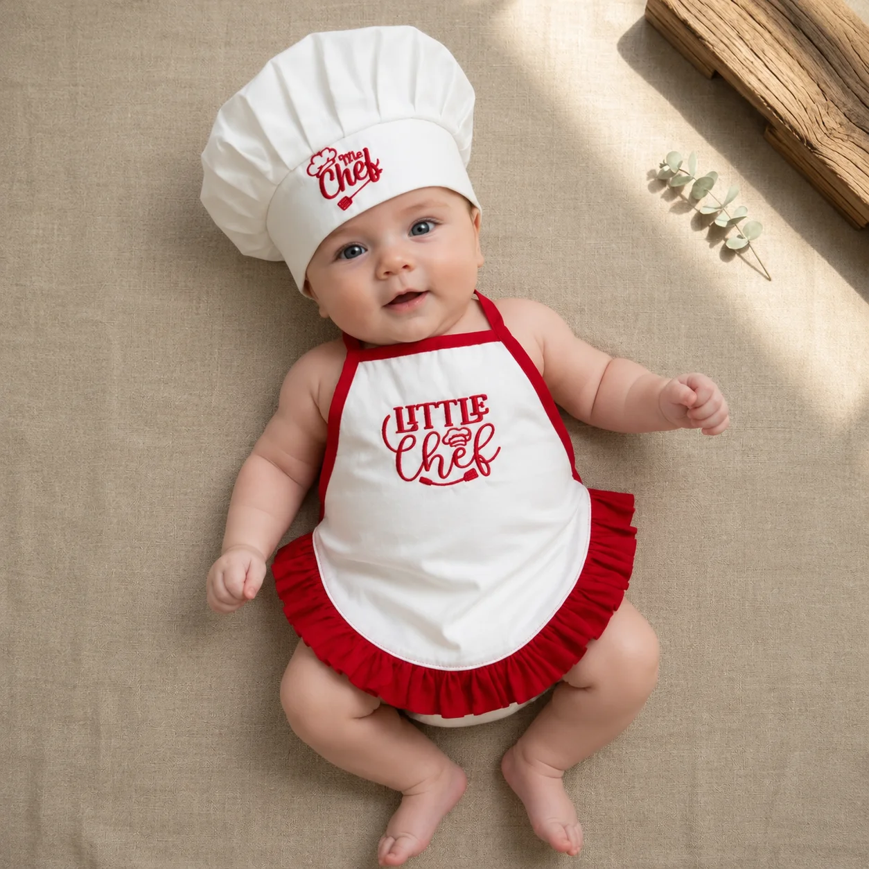 Neugeborenen-Kochoutfit mit Stickerei und Spitze, 2-teilig: Mütze & Schürze, Niedliche Baby-Fotorequisiten, Bedrucktes Kostüm, Geschenk zur Babyparty Image