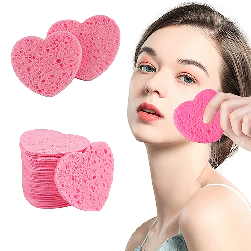 20/50Pcs Herz Natürliche Holz Zellstoff Schwamm Cellulose Kompresse Kosmetische Puff Gesichts Waschen Schwamm Gesichtspflege Sauber Make-Up entferner Werkzeug Image