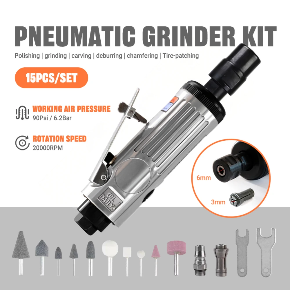 Pneumatisches Schleifgerät-Set in Industriequalität, 15-teilig, 1/4 Zoll, 1/8 Zoll, Schleifgerät, 90 PSI, mit Zubehör zum Polieren, Gravieren, Schnitzen Image