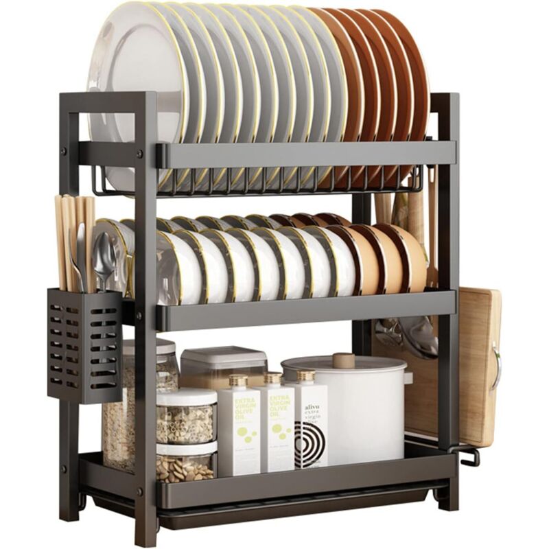 Cestello Scolapiatti Per Lavello, Scolapiatti A 3 Ripiani Con Porta Tagliere E Porta Bacchette, Colore Nero - Rw Cestello Scolapiatti Per Lavello
