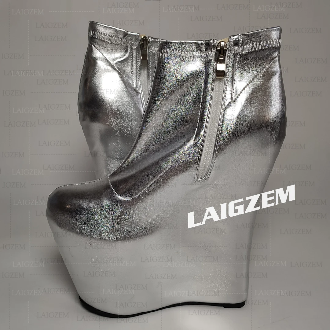 LAIGZEM Damen Stiefeletten Plateau 20CM Hohe Absätze Seitlicher Reißverschluss Kunstleder Kurze Stiefel Club Damenschuhe Große Größen 39 41 47
