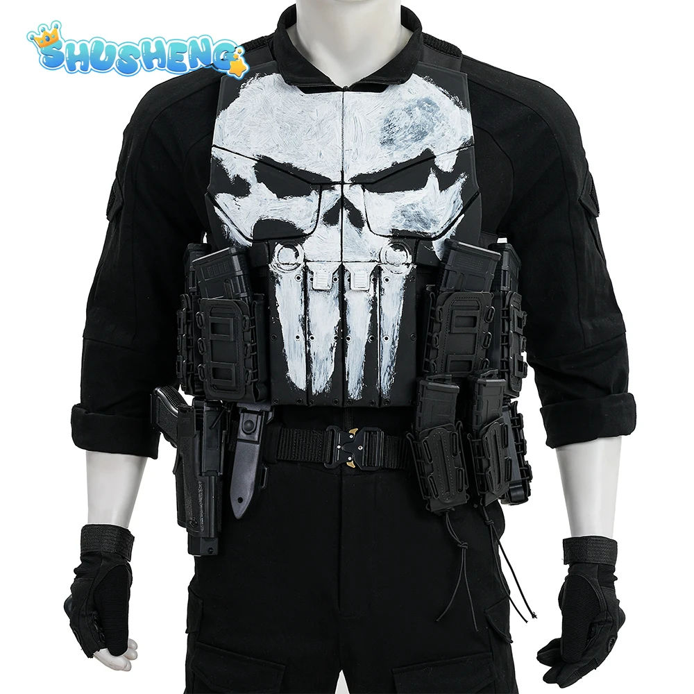 2026 Neues Punish COS er Superhelden-Cosplay-Kostüm Herren Fantasy Schwarzer Overall Requisiten Schuhe Halloween-Party Komplettset Uniform