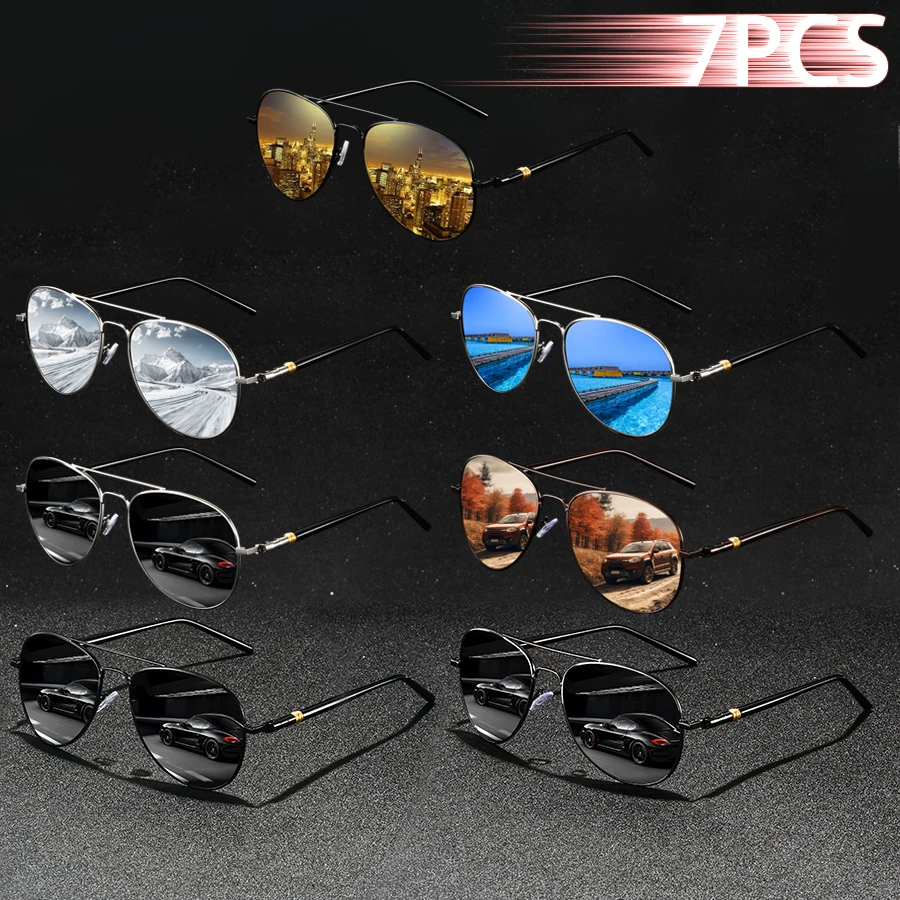 7-teiliges Vintage-Piloten-Sonnenbrillen-Set für Männer und Frauen, klassische Sonnenbrillen, modische Brillen für Freizeit, Angeln und Autofahren im Freien Image