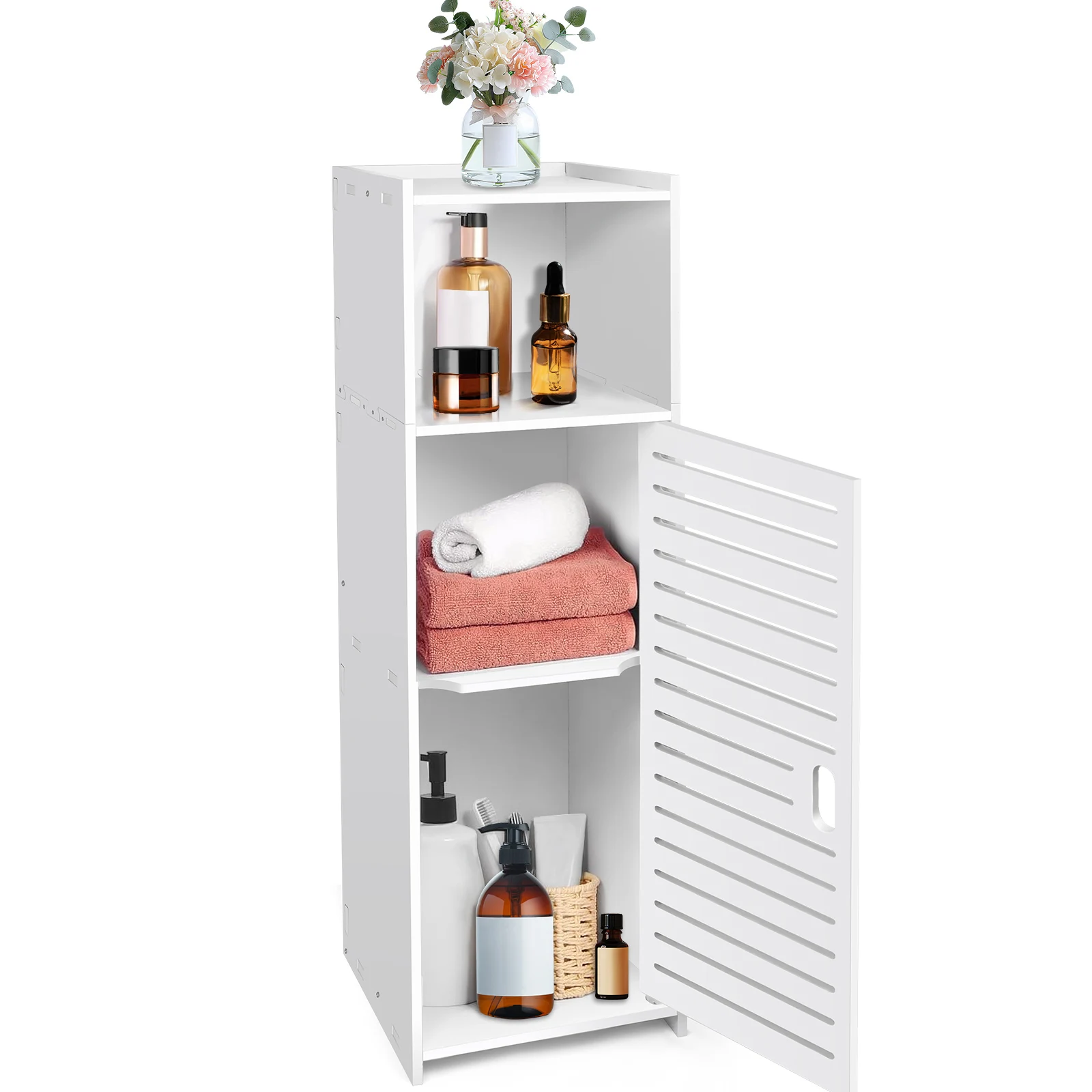 Badezimmerschrank – Geräumiger Stauraum, wasserdichtes PVC-Holz-Kunststoff-Material, leicht zu öffnen/schließen, multifunktional (für Handtücher/Papierhandtücher/Kosmetik/Ornamente), hält das Zuhause
