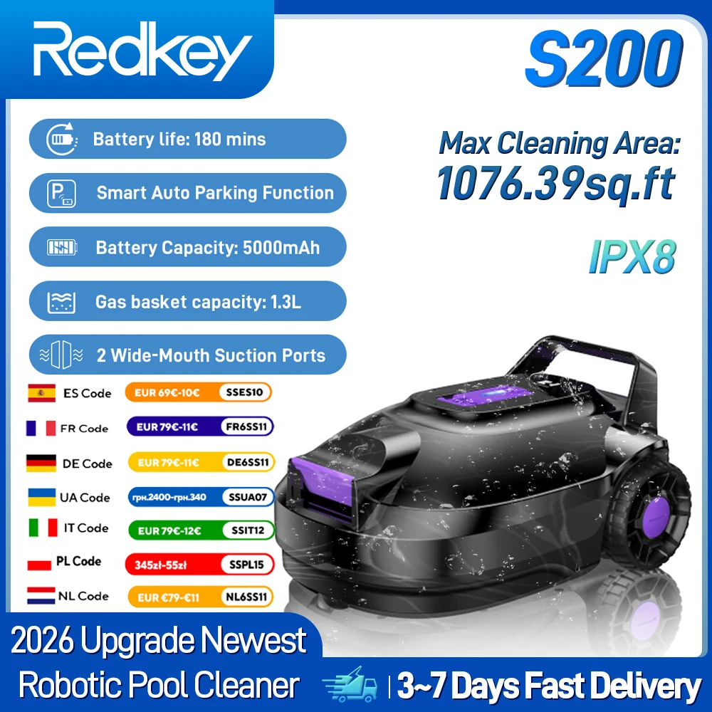 Redkey S2 Kabelloser Roboter-Poolreiniger 5000mAh Akku 180min Betriebszeit IPX8 Wasserdicht Automatischer Poolsauger Ein-Klick-Bedienung Image