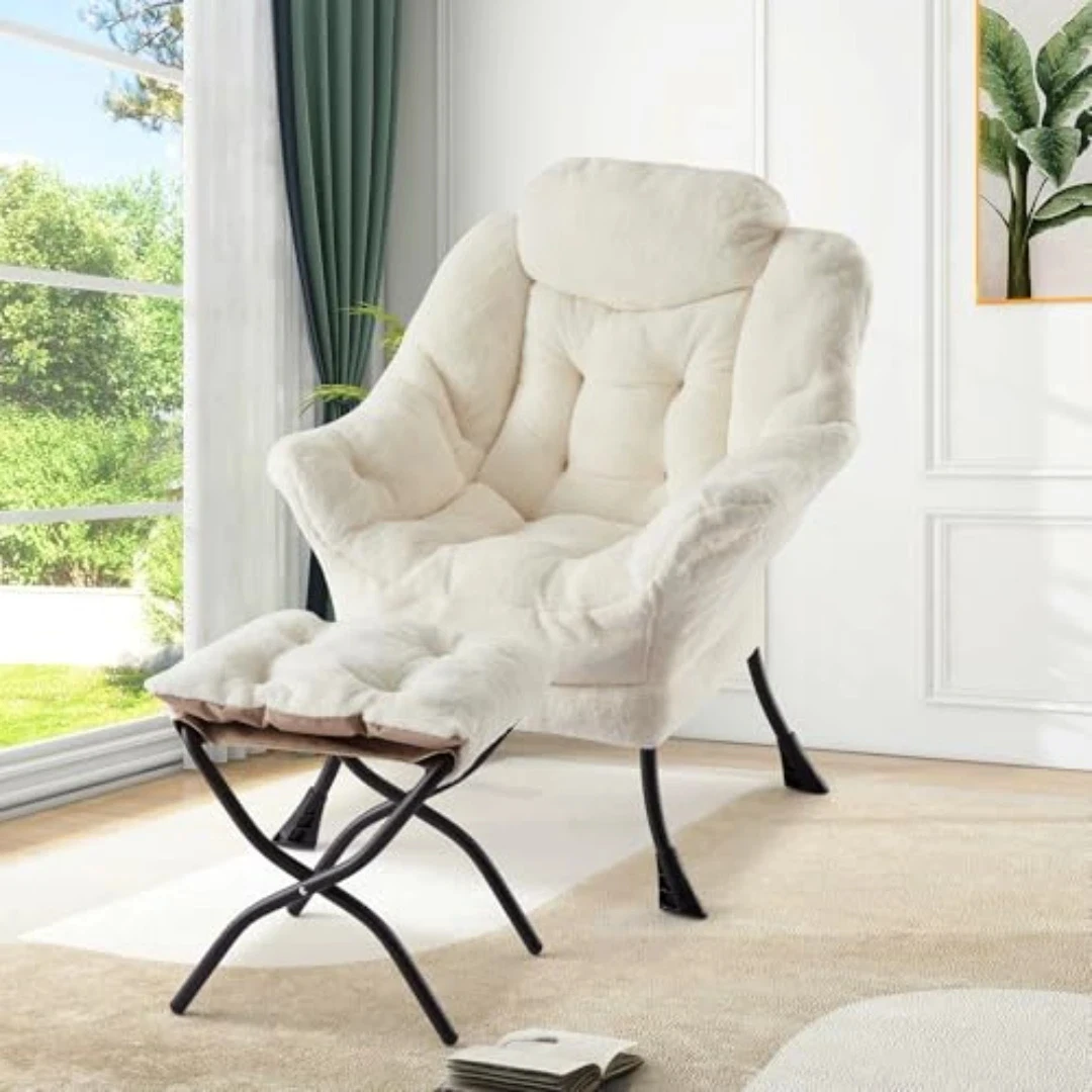 Zstar 2er-Set bequeme Loungesessel mit Hocker – Faltbarer Sessel mit weichem Kopfkissen und Seitentasche, ideal für Schlafzimmer, Wohnzimmer und Balkon, moderner Relaxsessel im 2er-Pack