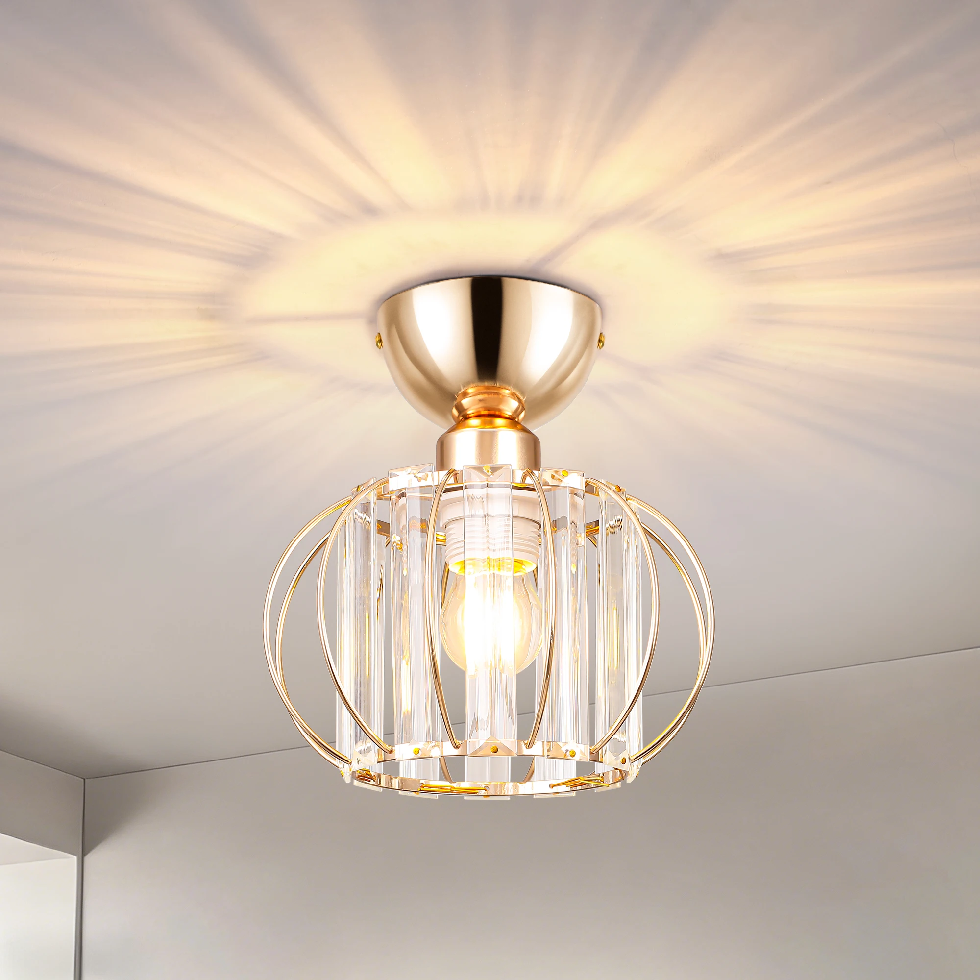 E27 Kristall-Gold-Deckenleuchte, Kronleuchter-Schirm, kleine halbbündige Messing-Deckenlampe für Flur, Eingangsbereich, Schlafzimmer