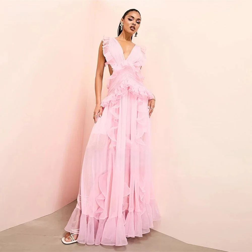 Rückenfreies rosa Chiffon langes maßgeschneidertes Anlasskleid Abendkleider Abschlussball Pastrol Unisex Jersey Retro Dubai Saudi Arabisch Maßgeschneidert Image