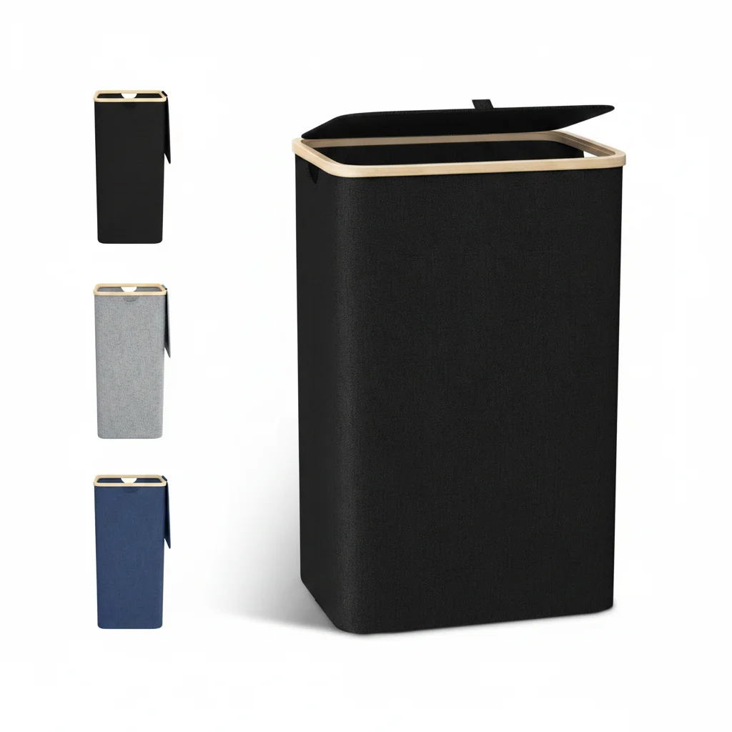 Wäschekorb mit Bambus Deckel 100L modern schwarz, Wäschesack herausnehmbar, stilvoller Wäschebehälter Bad Schlafzimmer Image